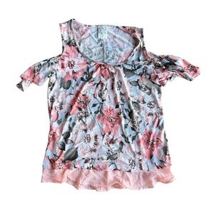 Naïf Women’s Floral Cold Shoulder Pink and Green Casual‎ Normcore Top Size S